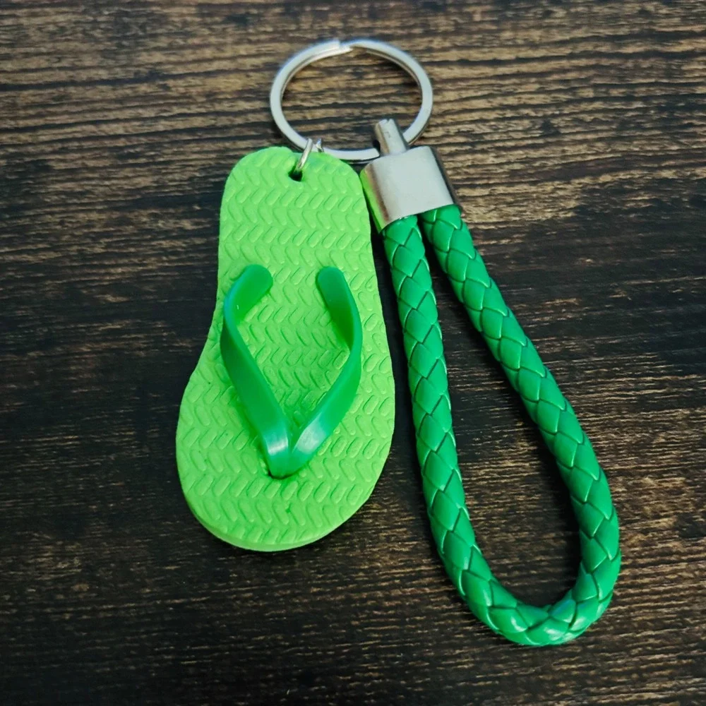 Green Flip Flop Keychain Braided Wristlet Strap Summer Beach Bag Charm Accessory
